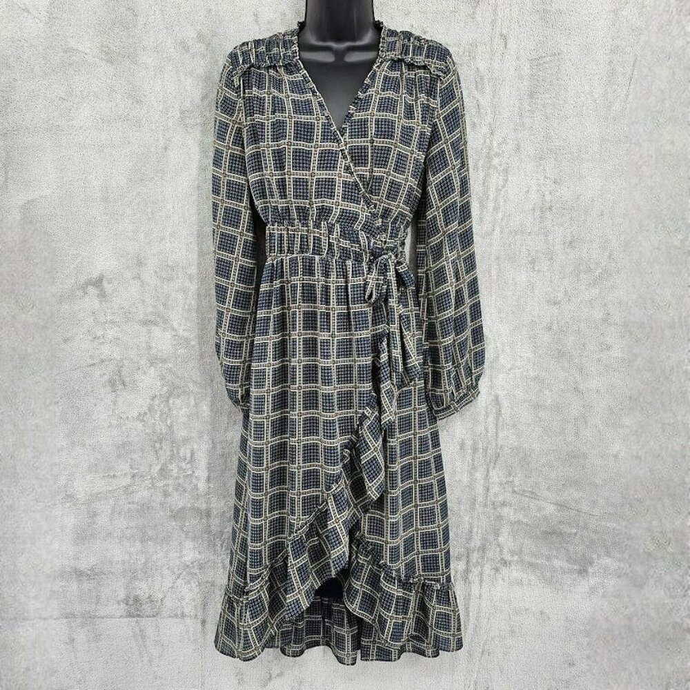 dRA Los Angeles Cicero Wrap Dress S Blue Brown Ruffled Lined Long Sleeve Retro